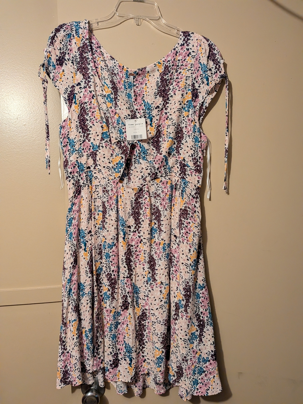 Free People Cream Floral Tie-Front Mini Dress with Pink, Blue & Yellow Accents - Picture 4 of 6